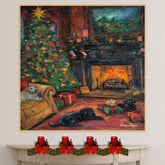 A Vintage Christmas Scene of a Living Room With Puppies on Ready to Hang 1.5" Thick Canvas Wrap, Floating Framed Canvas, Flat Rolled Canvas